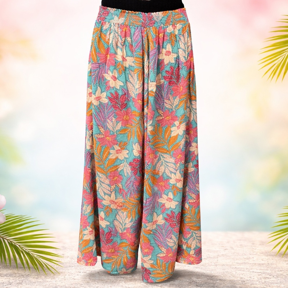 Tropical Floral Wide-Leg Pants in Teal & Coral